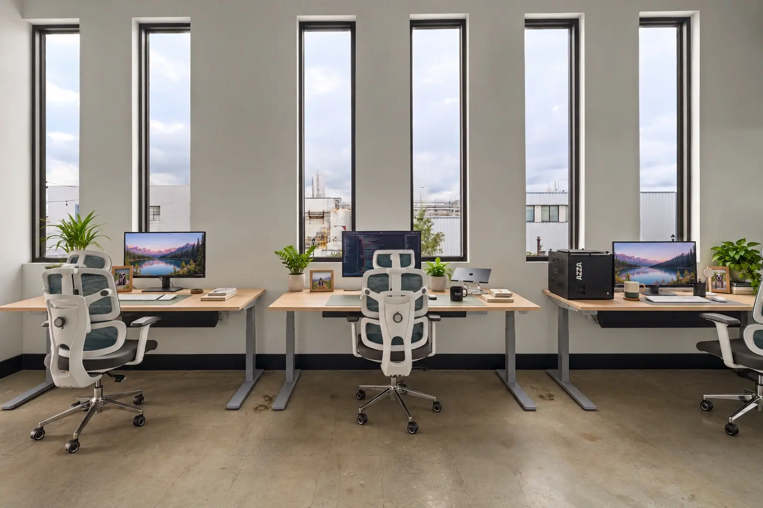 Three fixed desks with monitors and plants under tall windows